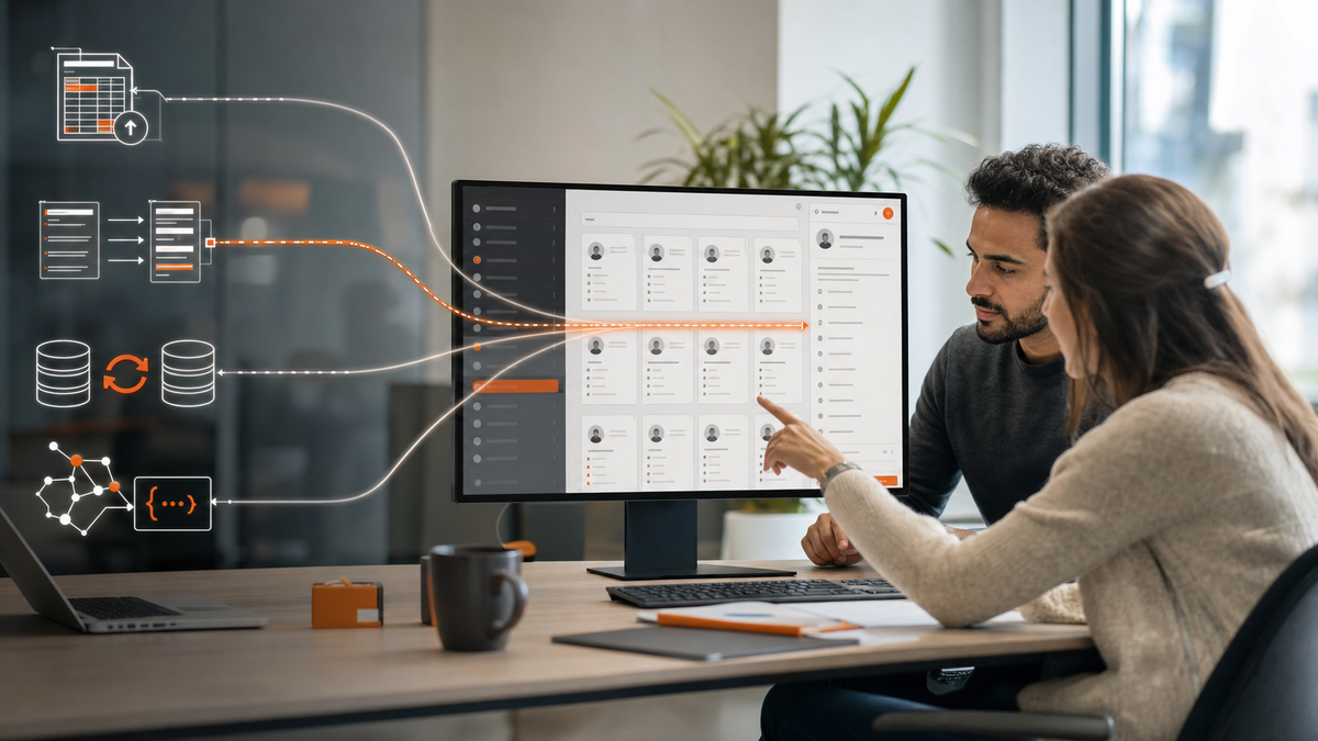 Eine moderne Büroszene mit zwei CRM-Spezialist:innen. Von vier unterschiedlichen Datenquellen führen elegante orangefarbene Datenströme in ein zentrales, aufgeräumtes CRM-System. Jeder Datenstrom repräsentiert eine Methode: Dateiimport, Smart Transfer, Synchronisierung und API-Migration.