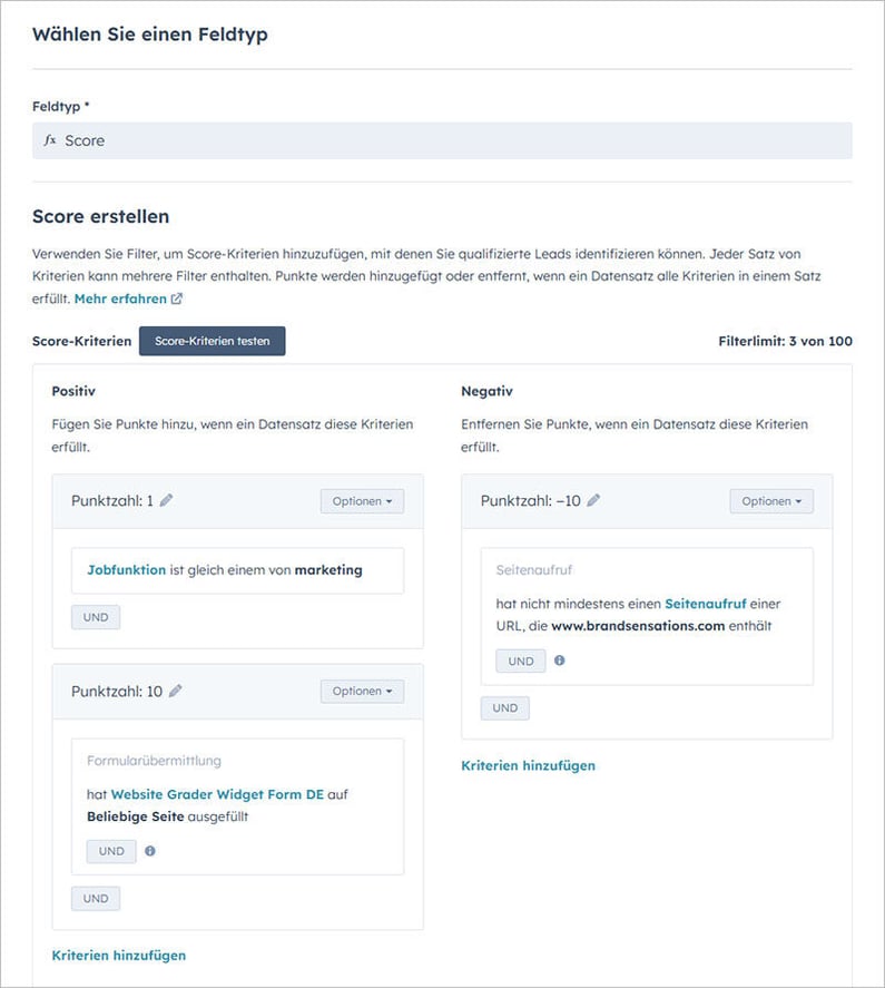 Manuelle Einrichtung der Lead Scoring in HubSpot