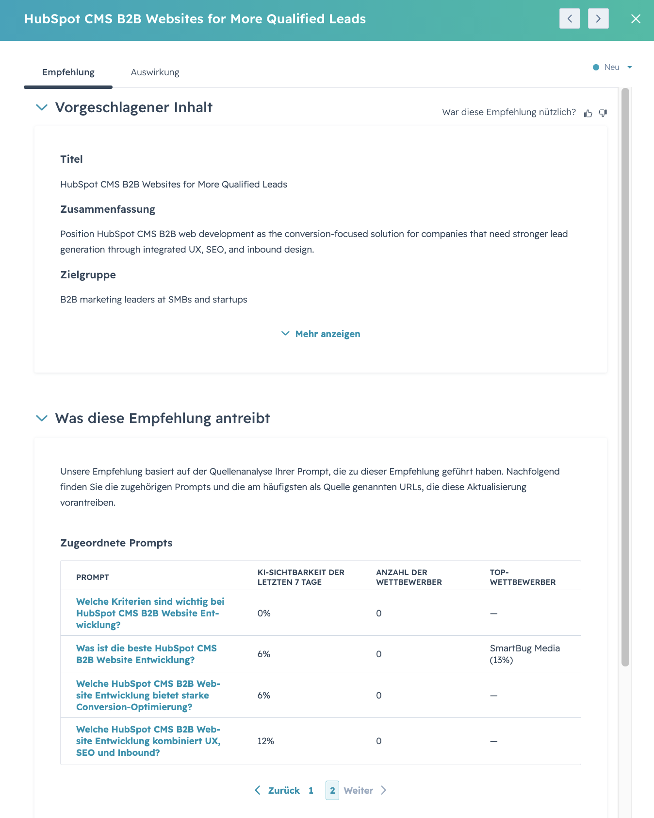 Recommendations from the HubSpot AEO Tool